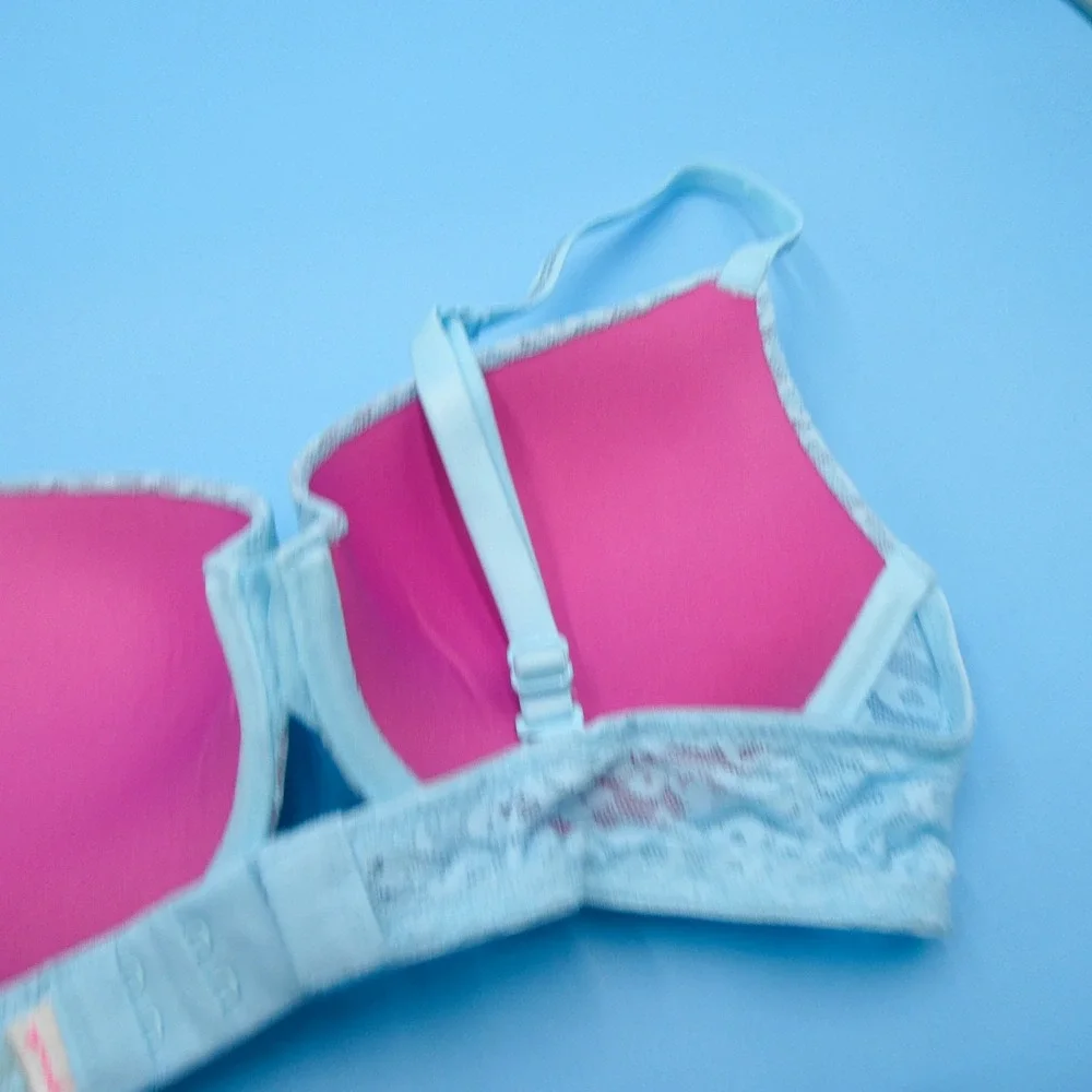 Pink Victoria's Secret Bra Womens 34B Wear‎ Everywhere Push-Up Blue Lace Nylon
